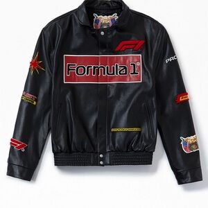 PacSun Black Formula 1 Patch Leather Jacket with Red Accents